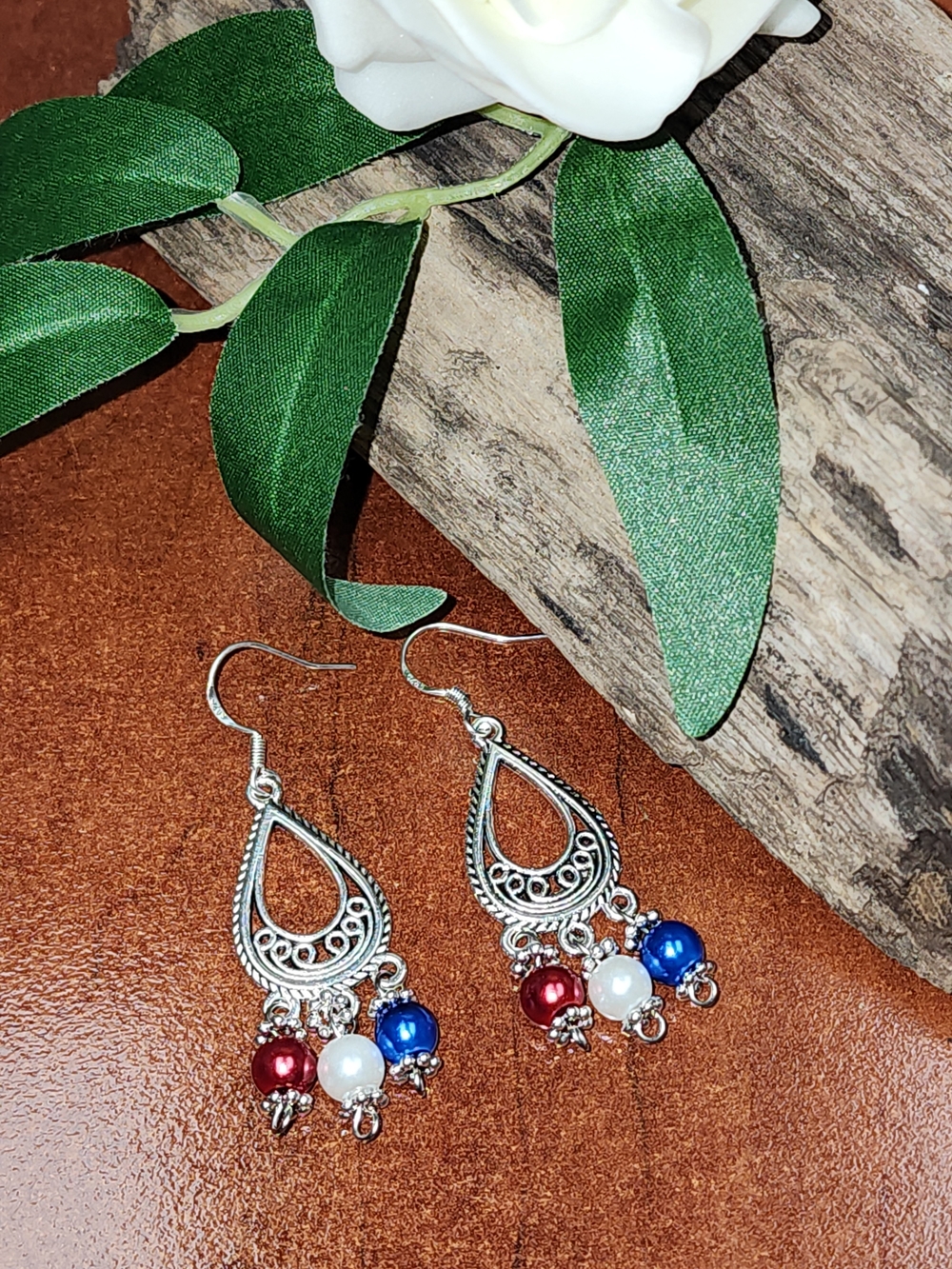Silver Toned Teardrop Earrings with Red, White, and Blue Faux Pearl Beads